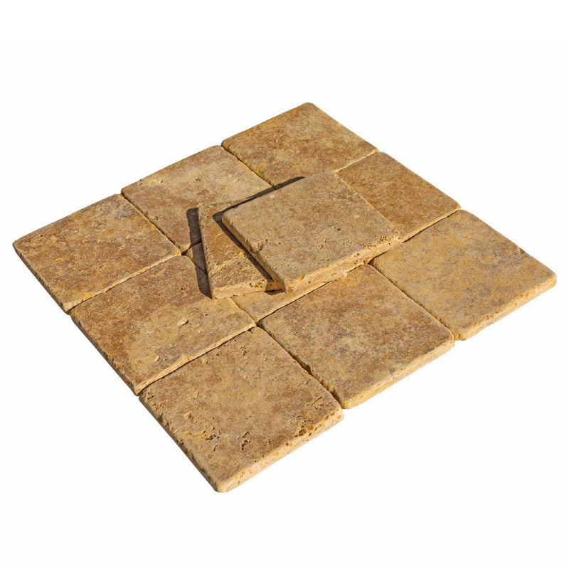 gold yellow tumbled travertine tiles SKU-20012439 angle shot of products 