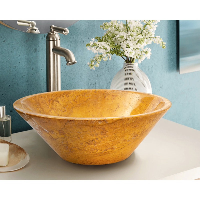 golden Sienna travertine natural stone V-Shape Tapered Sink polished size D16 H6 SKU EGEGSTPO165 installed on bathroom