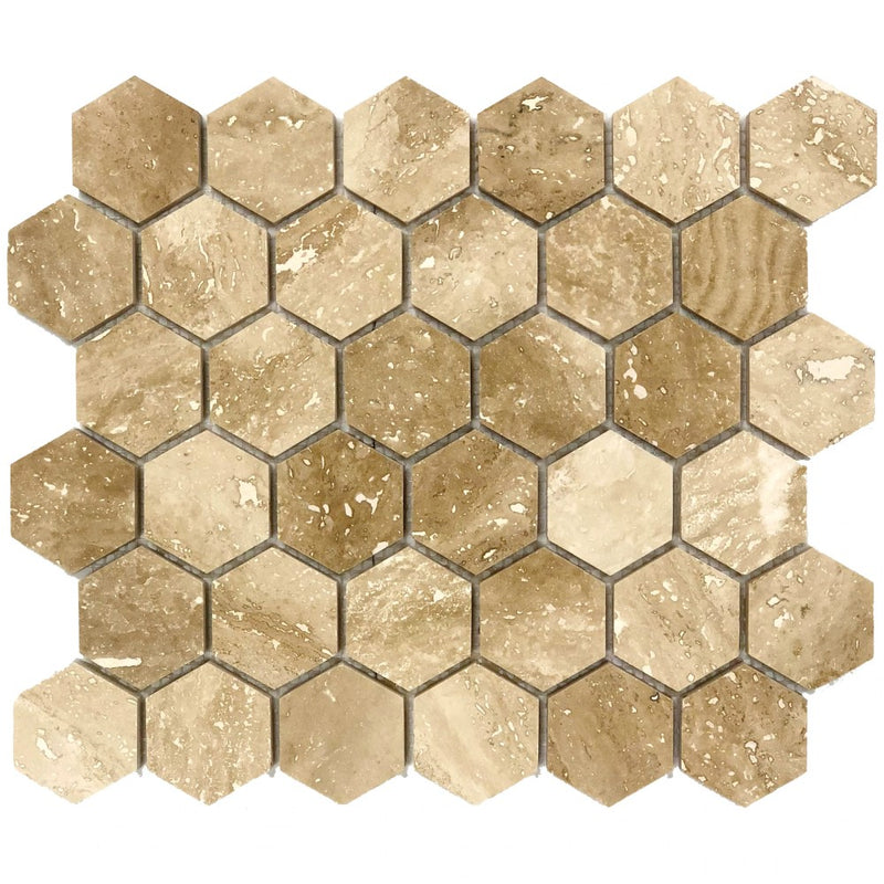 Patara Hexagon 12" x 12" Honed Travertine Mesh-Mounted Mosaic Tile SKU-HSHEX2MOSHF2 "Hexagon mesh view on white background