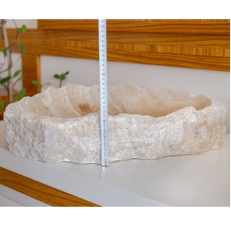 honey onyx natural stone vessel sink surface polished hand split size irregular SKU 202115 height measure view product shot