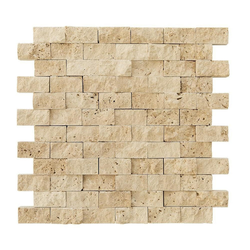 light beige travertine split face stone siding mosaic tile mesh size 12x12-SKU-20012399 top view