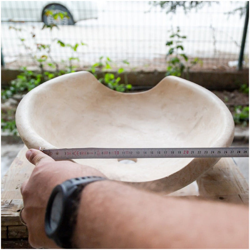 light travertine natural stone vessel sink surface honed filled hand split size (W)16" (L)16" (H)6" SKU 202119 width measure view product shot