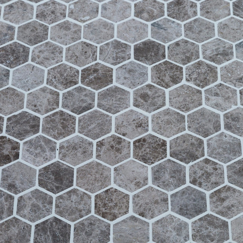 marble mosaic hexagon silver emprador polished mesh size 12x12 SKU-20012334 close view of product with joint