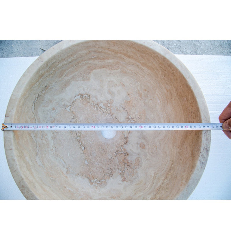 natural stone beige travertine vessel sink honed and filled SKU NTRSTC02 size (D)18" (H)6" diameter measure view 