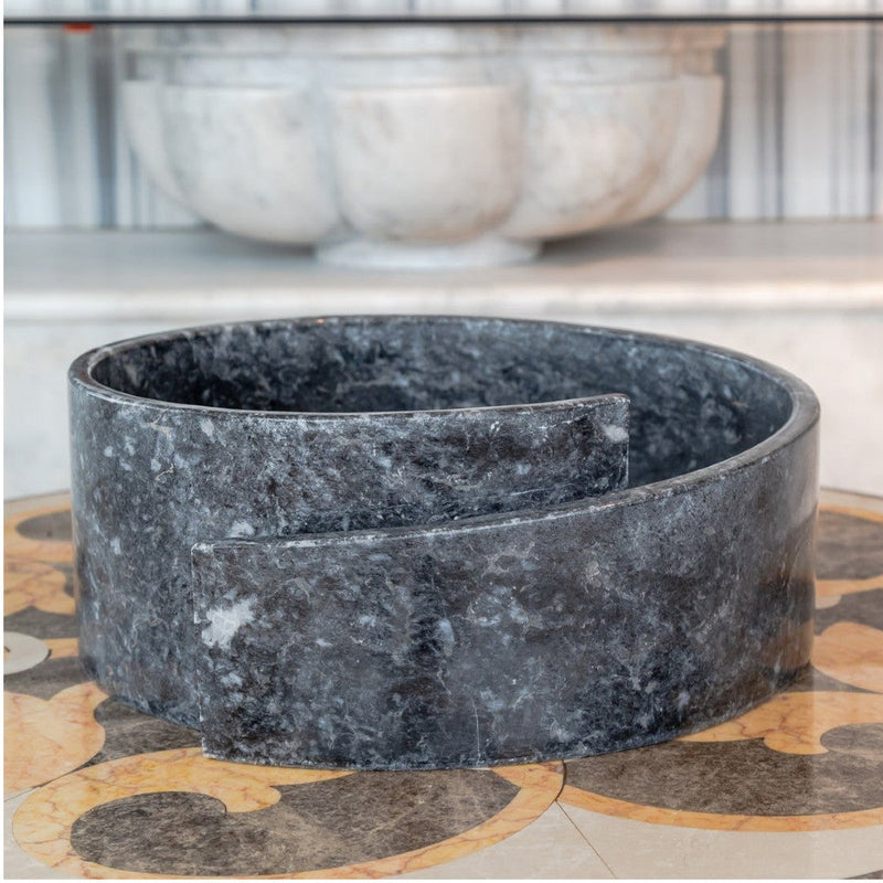 natural stone black marble special design vessel sink surface polished size (D)16" (H)6" (diameter 40.6cm height 15cm) SKU-NTRVS29 product shot front view on the floor