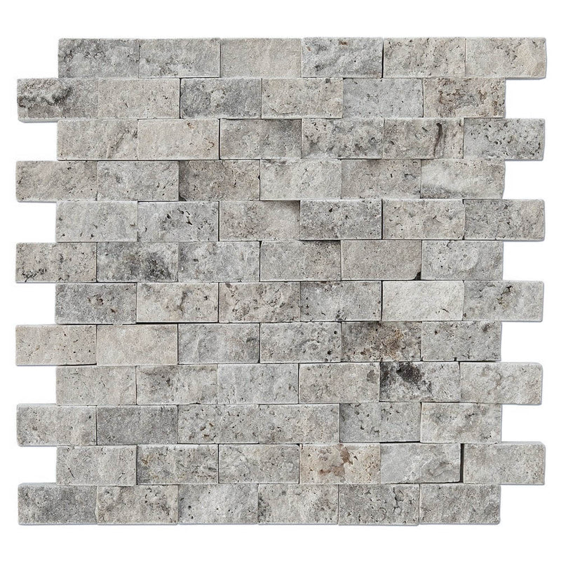 natural stone 1x2 split face mosaic light silver travertines SKU-20012364 top view of mesh