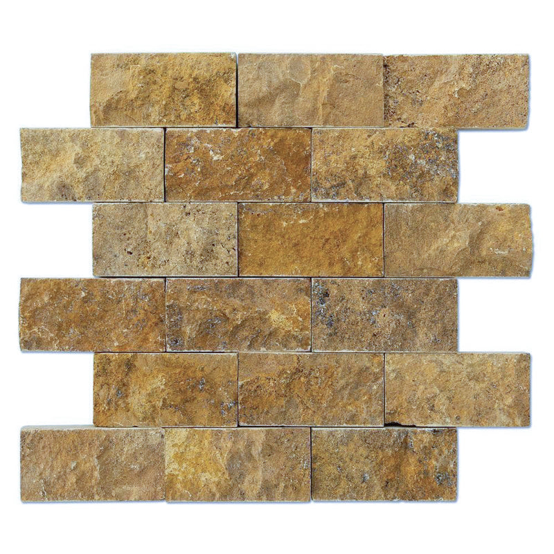 natural stone 2x2 gold splitface travertine mosaics 20012406 mesh top view
