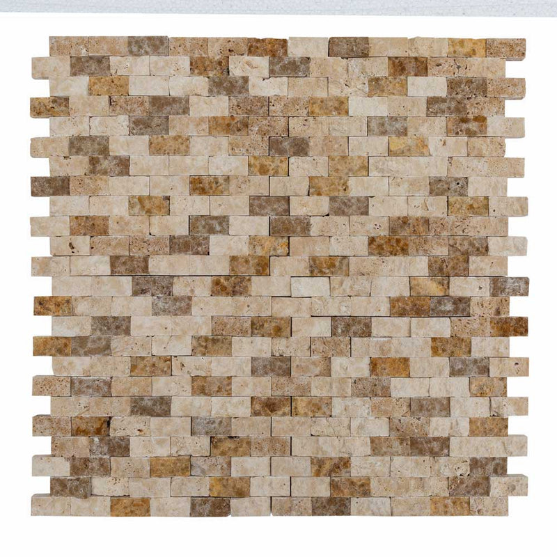 noce beige gold split face travertine mosaics 1x2 SKU-20012361 top view