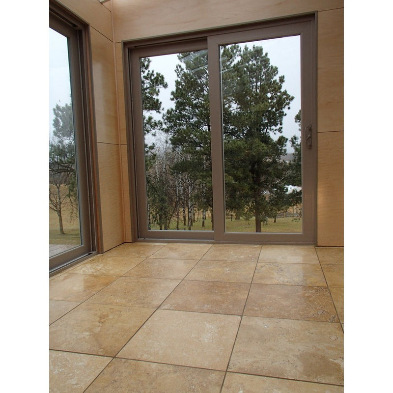 oasis gold premum travertine tile honed and filled size 18"x18" SKU-10074413 installed view on the balcony floor