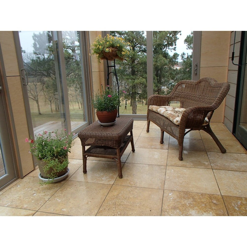 oasis gold premum travertine tile honed and filled size 18"x18" SKU-10074413 installed view on the balcony floor