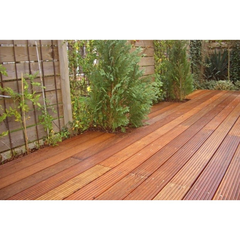 opus iroko channeled wood decking SKU 972004 installed on backyard patio