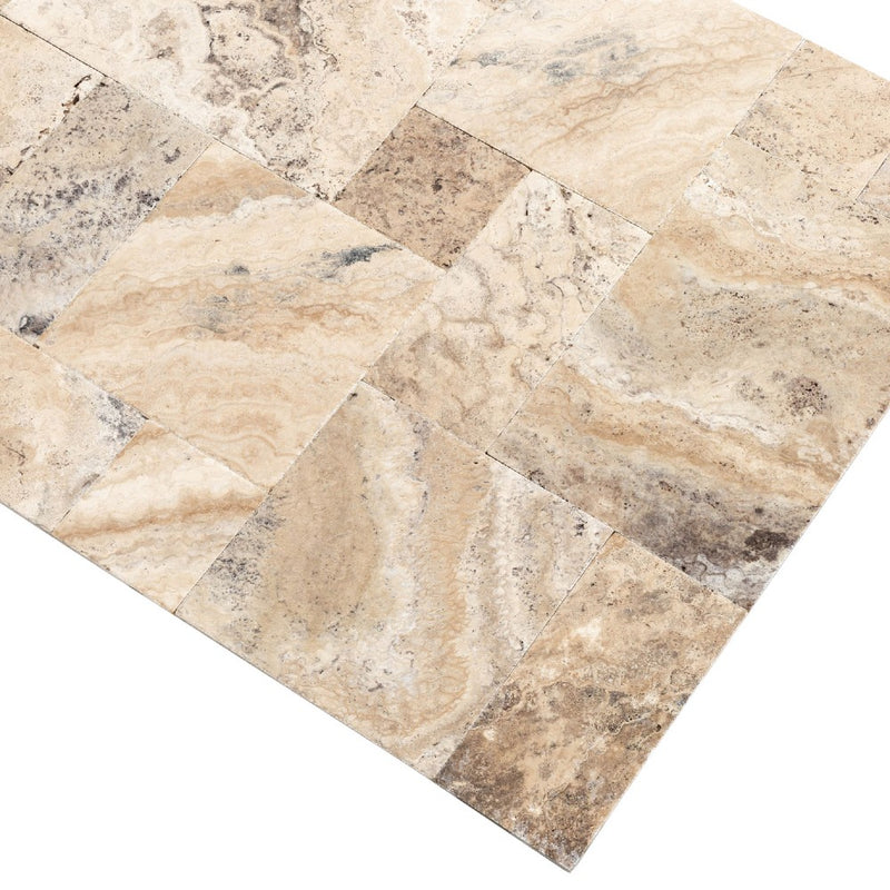 philly pntique french pattern set travertine tile brushed chiseled partially filled SKU-20075603 wet corner view 
