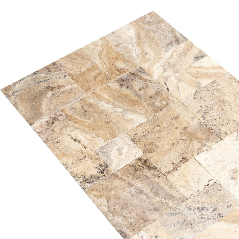 philly pntique french pattern set travertine tile brushed chiseled partially filled SKU-20075603 wet angle view
