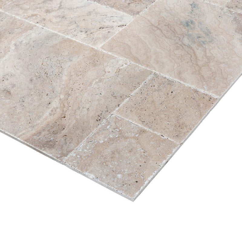 philly pntique french pattern set travertine tile brushed chiseled partially filled SKU-20075603 corner view
