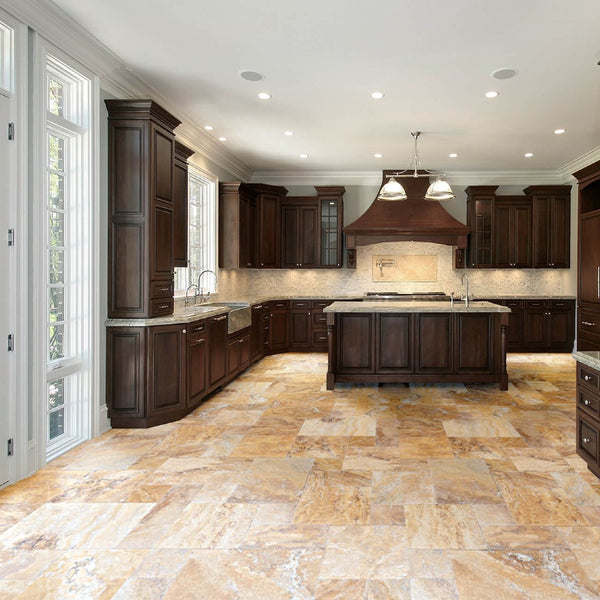 Scabos Antique Travertine French Pattern Tile Set Brushed and Chiseled Gold Beige Tones