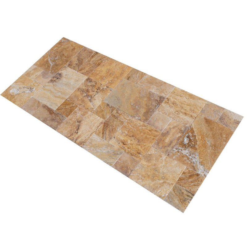 scabos antique french pattern set travertine tile brushed and chiseled and filled SKU-10080111 angle shot of  product