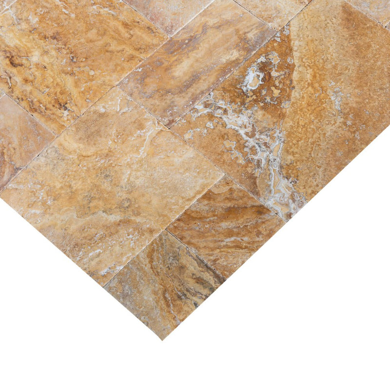 scabos antique french pattern set travertine tile brushed and chiseled and filled SKU-10080111 