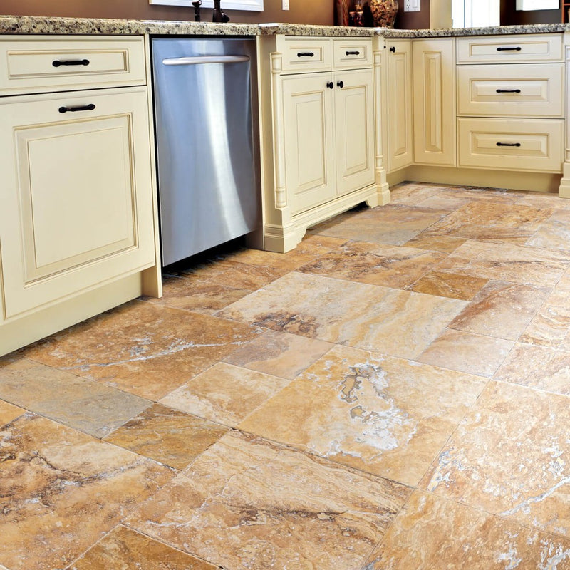 scabos antique french pattern set travertine tile brushed and chiseled and filled SKU-10080111  view of the product installed on the kitchen floor