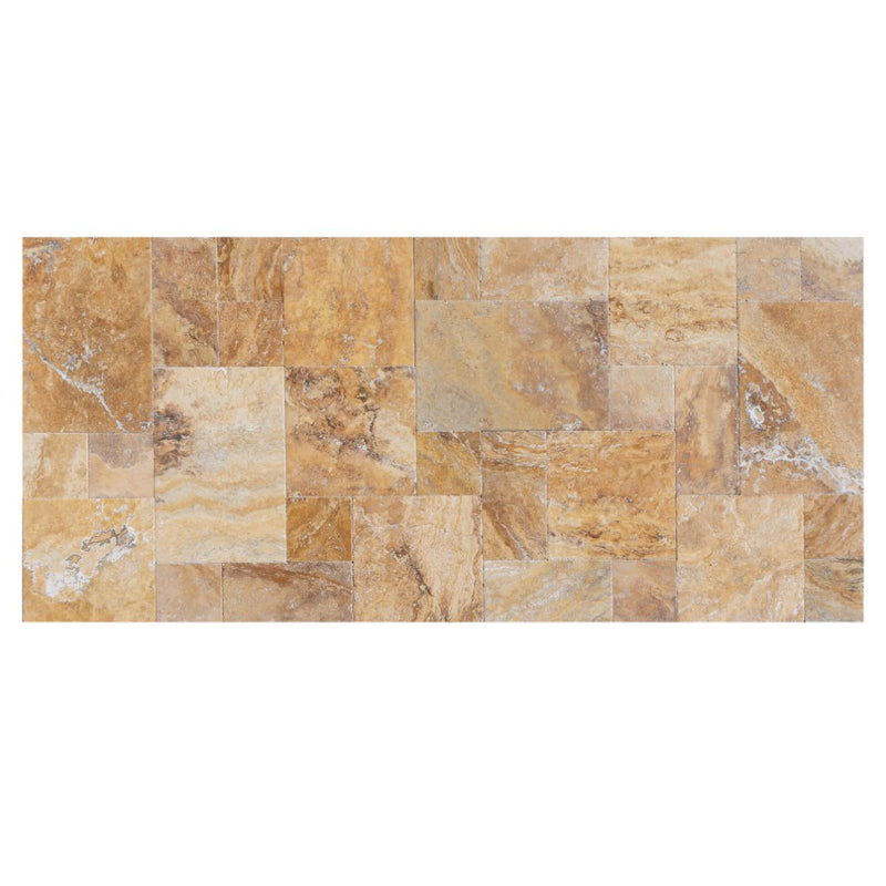 scabos antique french pattern set travertine tile brushed and chiseled and filled SKU-10080111 view of the product on the top