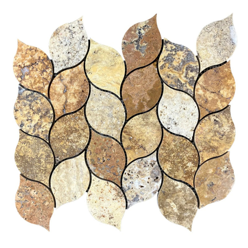 Scabos Travertine Leaf Design on 12" x 12" Mesh Mosaic Tile SKU-HSSTLEABMOSH on white background