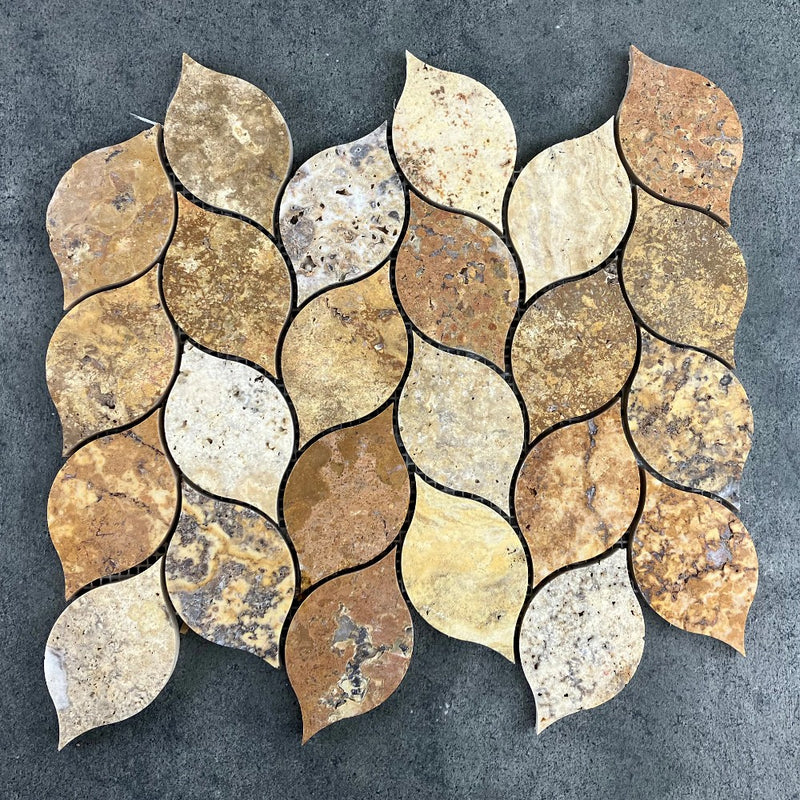 Scabos Travertine Leaf Design on 12" x 12" Mesh Mosaic Tile