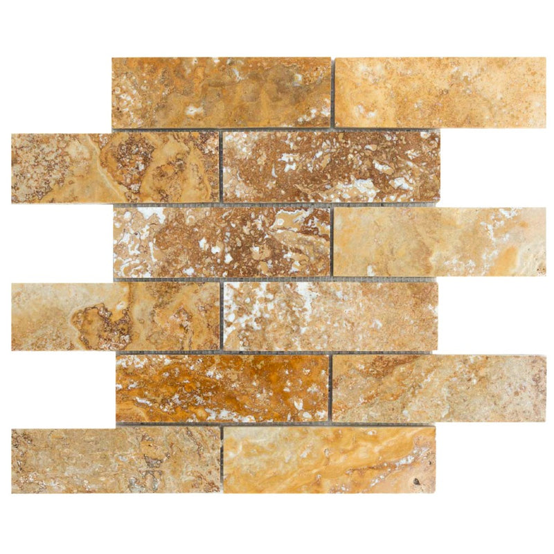 scabos travertine mosaics brushed filled 2x6 SKU-20012416 top view of mesh