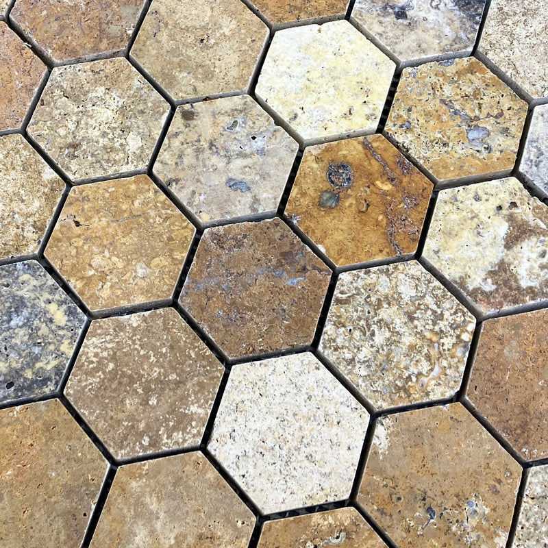 Scabos Travertine 2" Hexagon on 12" x 12" Mesh Mosaic Tile SKU-HSST2HEXMOSH close view