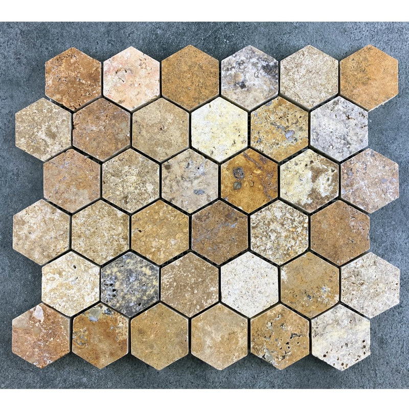 Scabos Travertine 2" Hexagon on 12" x 12" Mesh Mosaic Tile SKU-HSST2HEXMOSH top view