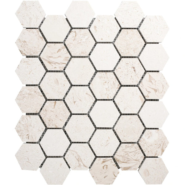 Shell Stone Limestone 2" Hexagon Honed on 12" x 12" Mesh Mosaic Tile