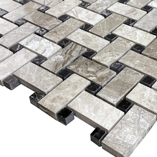 Silver Shadow Marble Basketweave Design on 12" x 12" Mesh Mosaic Tile