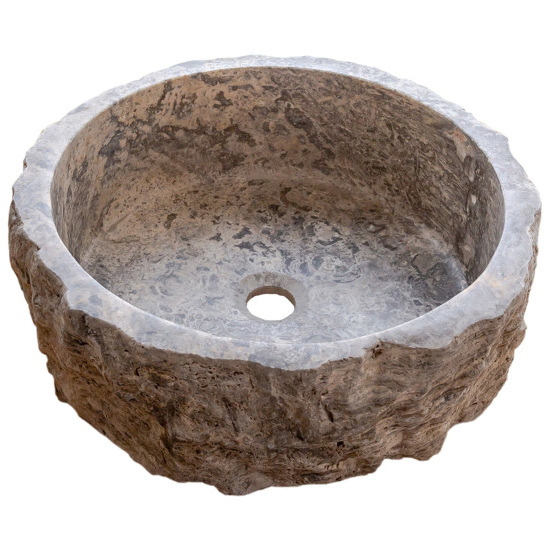 silver travertine rustic stone vessel sink polished interior hand chiseled exterior SKU NTRVS13 Size (D)16" (H)6" side view product shot