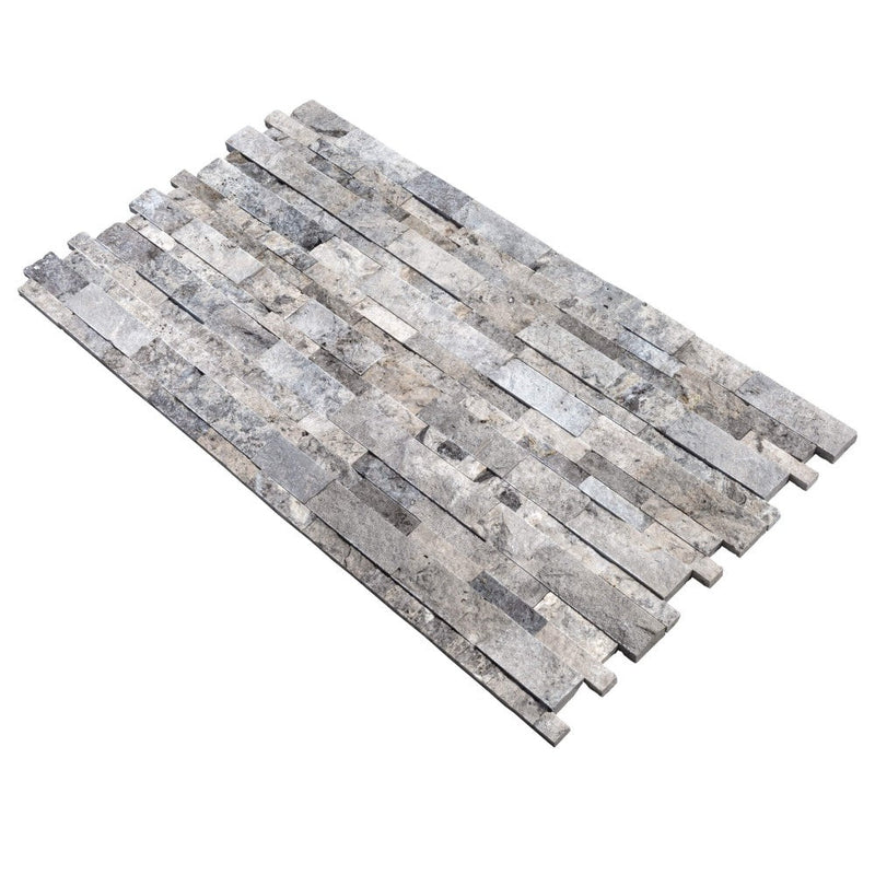silver travertine split face stone siding mesh size 7.25"x19.75"-SKU-10107183 angle view