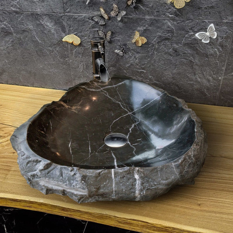 toros black rustic marble natural stone vessel sink polished hand-split face size (W)17" (L)17" (H)5" SKU-NTRVS08 product shot angle view installed on bathroom