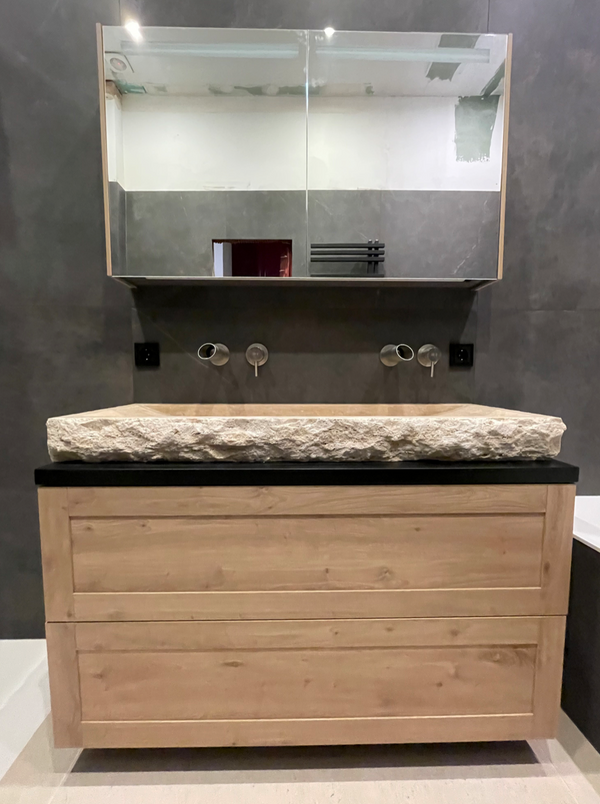 Light Travertine Rectangular Vessel Sink - Honed Hand-Split 16x48, photo 2 of 5