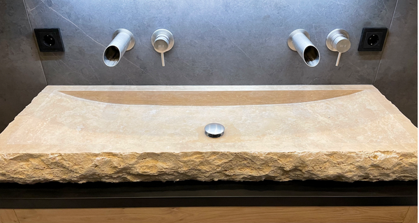 Light Travertine Rectangular Vessel Sink - Honed Hand-Split 16x48