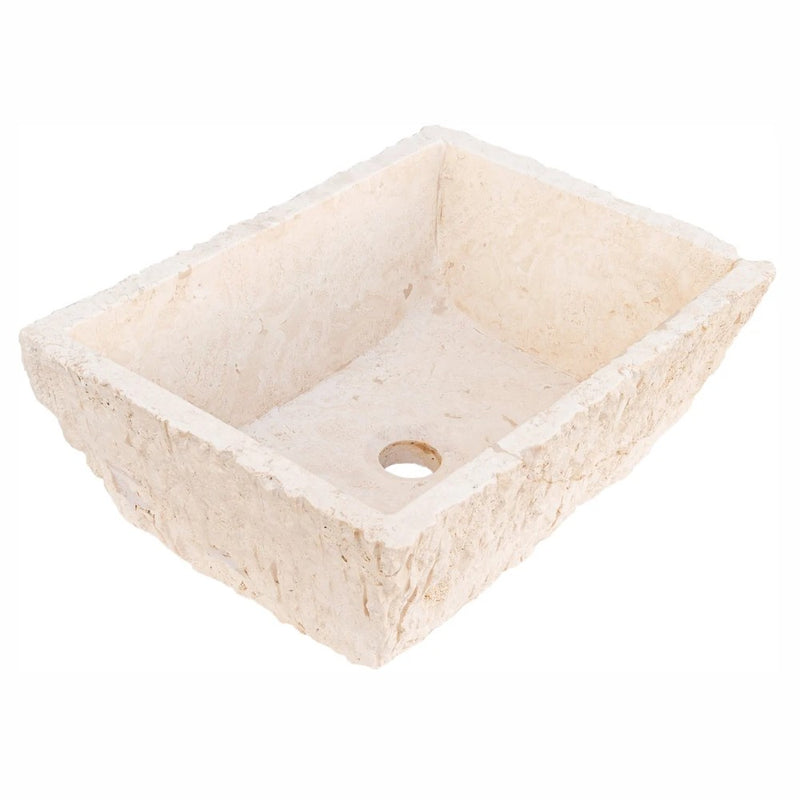 troia light beige rustic natural stone Vessel Sink honed and hand chiseled size W12 L17 H6 SKU NTRSTC54 angle view