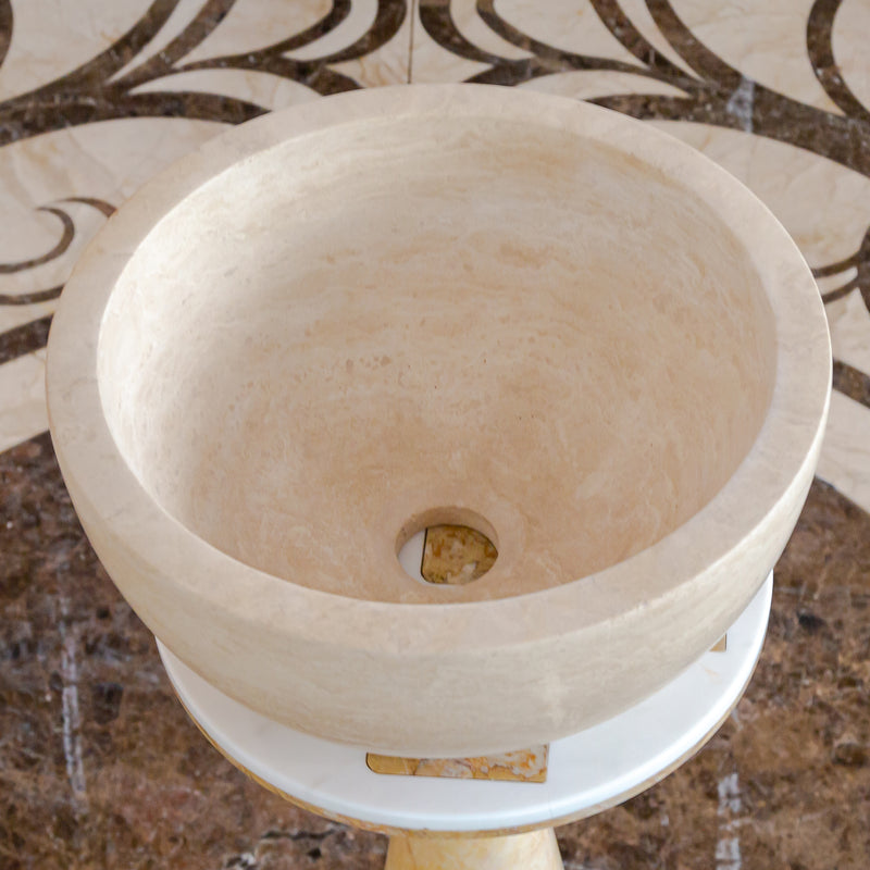 troia light travertine natural stone vessel sink honed and filled SKU NTRVS35 Size (D)12.5" (H)6" perspective view product shot