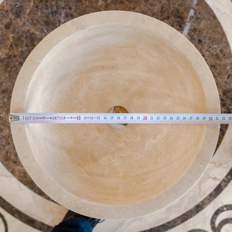 troia light travertine natural stone vessel sink honed and filled SKU NTRVS35 Size (D)12.5" (H)6" width measure view