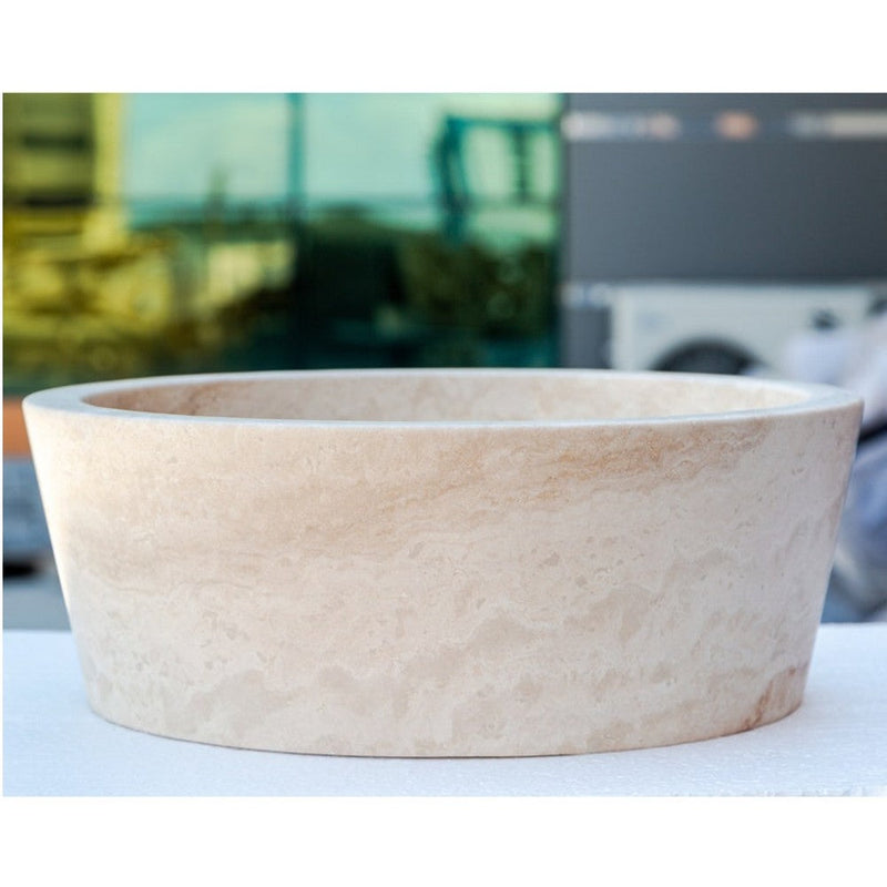 troia light travertine natural stone vessel sink surface honed filled size (D)16" (H)6" (45.8cmx45.8cmx23cm) SKU-NTRSTC10 product shot front view