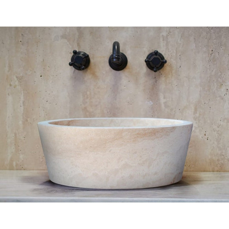 troia light travertine natural stone vessel sink surface honed filled size (D)16" (H)6" (45.8cmx45.8cmx23cm) SKU-NTRSTC10 installed on over-counter