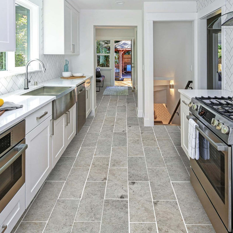 tundra light grey marble tile surface polished size 12"x24" thickness 1/2" edge straight SKU-10087361 installed on kitchen floor