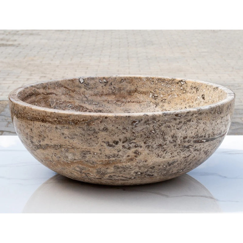 valencia beige travertine natural stone undermount vessel sink filled and polished SKU-EGEVUMP166 product shot front view