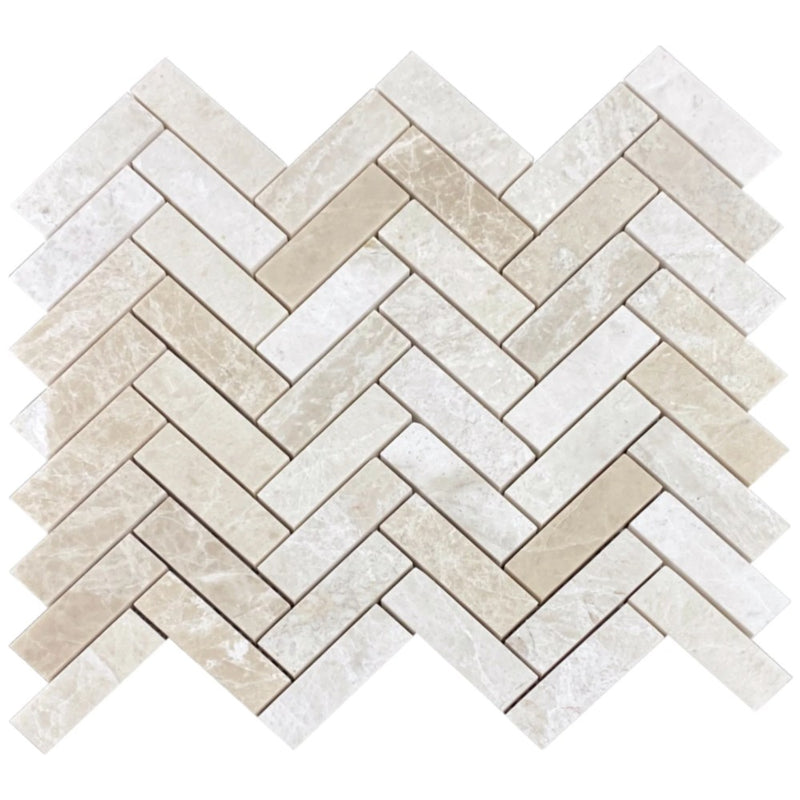 Vanilla Beige 1"x3" Herringbone on 12" x 12" Mesh Mosaic Tile SKU-HSVBH1x3HBMOSH on white background
