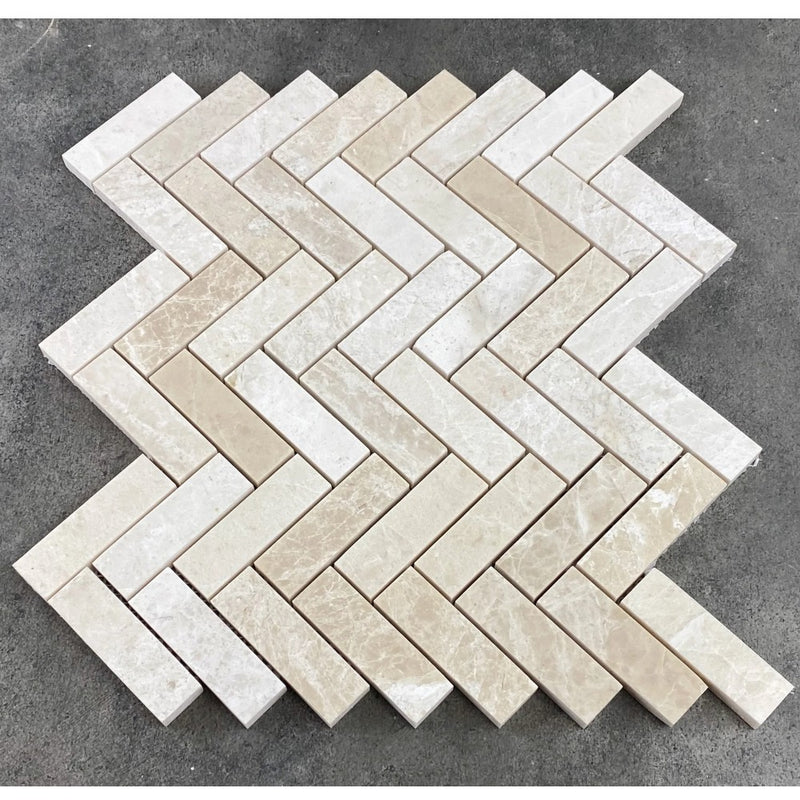 Vanilla Beige 1"x3" Herringbone on 12" x 12" Mesh Mosaic Tile SKU-HSVBH1x3HBMOSH top view