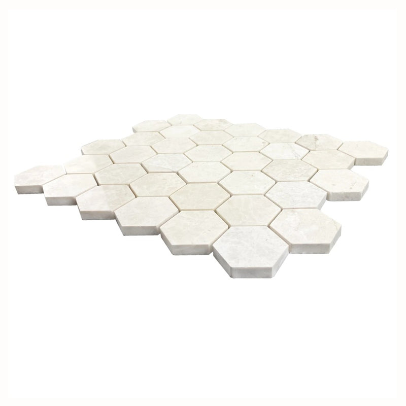 Vanilla Beige Marble 2" Hexagon on 12" x 12" Mesh Mosaic Tile SKU-HSVN2HEXMOSH angle view