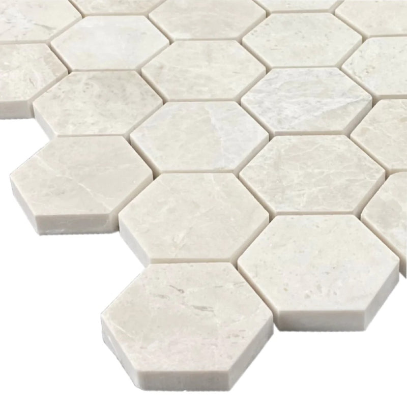 Vanilla Beige Marble 2" Hexagon on 12" x 12" Mesh Mosaic Tile SKU-HSVN2HEXMOSH close view