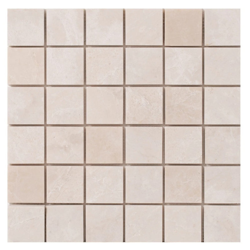 Vanilla Beige Marble 2"x2" Honed on 12" x 12" Mesh Mosaic Tile SKU-HSVB2x2BMOSH on white background