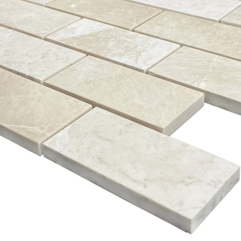 Vanilla Beige Marble 2"x4" Brick Honed on 12" x 12" Mesh Mosaic Tile SKU-HSVB2x4BMOSH corner view