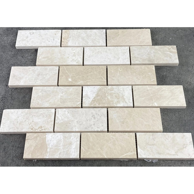 Vanilla Beige Marble 2"x4" Brick Honed on 12" x 12" Mesh Mosaic Tile SKU-HSVB2x4BMOSH top view