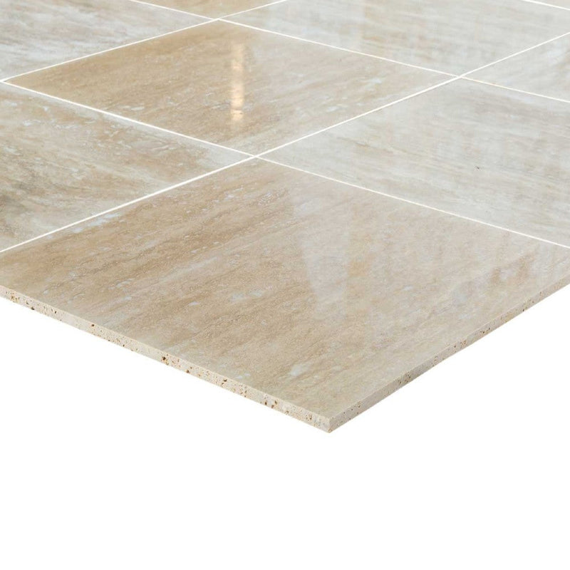 vein cut classic travertine tile size 16"x16" surface polished filled edge straight SKU-20012419  View of a close-up thickness of the product.